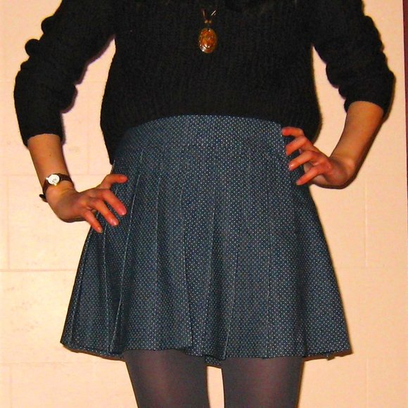 Vintage 90s Blue Dotted High-Waisted Pleated Skirt - Picture 1 of 7
